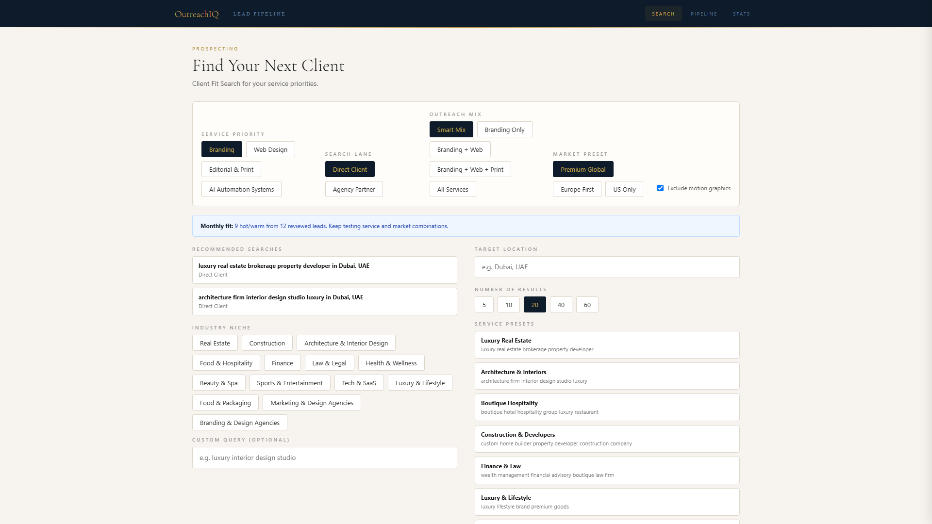 OutreachIQ search screen with service priority, market presets, niche selection, and a run search button